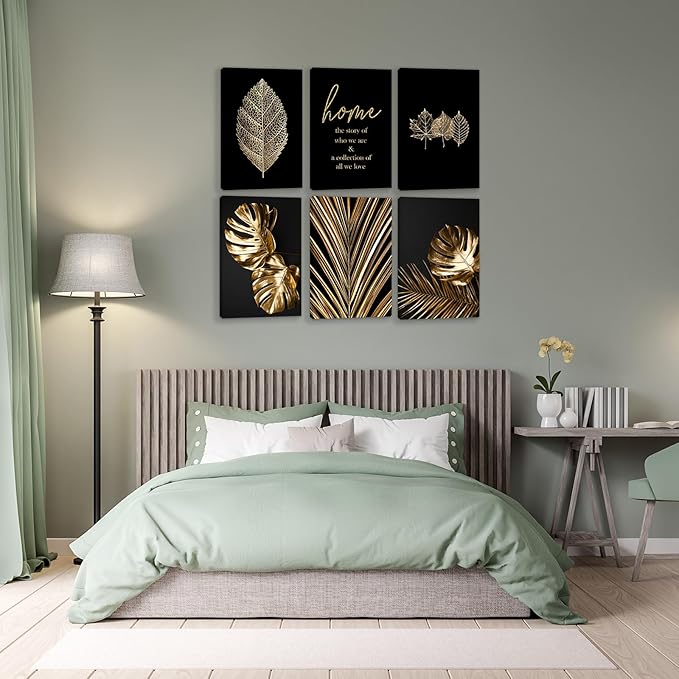 HoozGee Framed Leaf Canvas Wall Art Prints Modern Black and Gold Botanical Tropical Plant Leaf Wall Decor Built-in Wooden Frame Gallery Wall Art Poster for Bedroom Bathroom (24"x36" FRAMED)