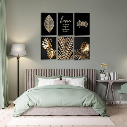 HoozGee Framed Leaf Canvas Wall Art Prints Modern Black and Gold Botanical Tropical Plant Leaf Wall Decor Built-in Wooden Frame Gallery Wall Art Poster for Bedroom Bathroom (12"x16" FRAMED)