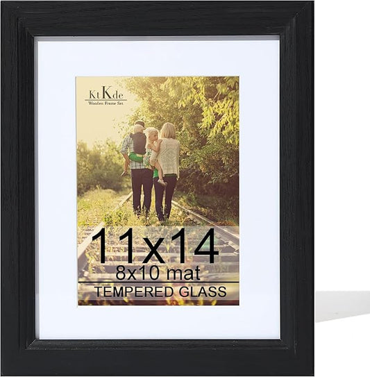 KTKDE 11x14 Picture Frame Real Glass, Display Pictures 8x10 with Mat or 11x14 Without Mat, Modern Style Wood Composite Frame,Gallery Wall Frame Wooden Black ，best gift