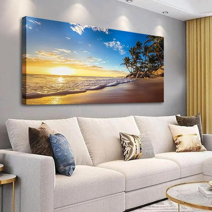 Beach Sunset Large Wall Art Tropical Palm Tree Canvas Paintings Coastal Landscape Pictures Wall Decor for Living Room Ocean Seascape Poster Nature Painting for Bedroom Office Home Decor 20x40 Inches