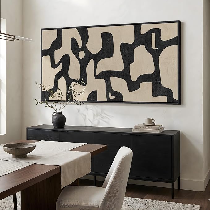 Large Framed Neutral Abstract Wall Art, Vertical Black Beige Geometric Canvas Prints Paintings Artwork for Walls, Mid Century Modern Pictures Wall Decor for Hallway Living Room Bedroom Dining 30x60