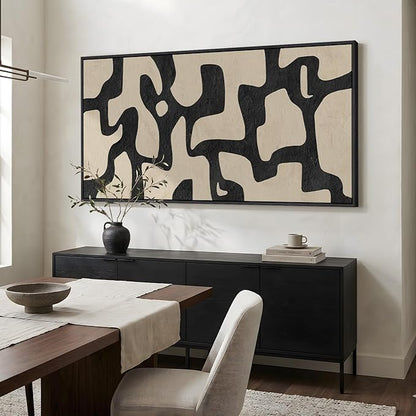 Large Framed Neutral Abstract Wall Art, Vertical Black Beige Geometric Canvas Prints Paintings Artwork for Walls, Mid Century Modern Pictures Wall Decor for Hallway Living Room Bedroom Dining 30x60
