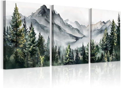 WANGTIAO 3 Panels Framed Canvas Wall Art for Living Room, Abstract Mountain Forest Views Ink Wall Decor for Dedroom Office Wall Paintings Green Landscape Art Prints Pictures Ready to Hang 20"x28"x3
