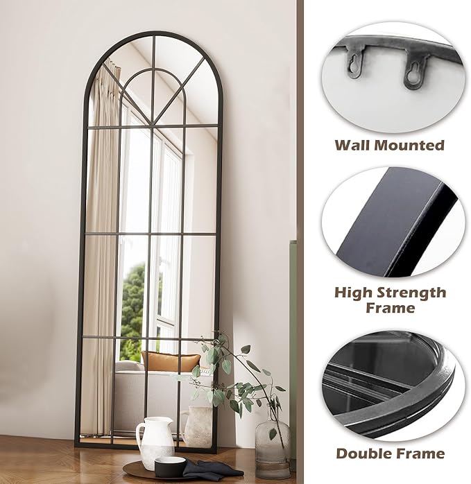Degfig Arched Full Length Mirror with Grids, 65"X22", Arched Window Pane Wall Mirror, Floor Standing Mirrors, Farmhouse Long Full Body Mirrors Wall Mounted for Living Room, Bedroom, Entryway, Black