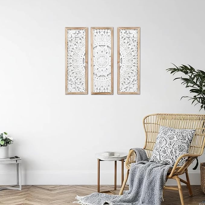 SwallowLiving 3D Layered Mandala Wood Wall Art Set of 3 – 23.6" Large Sacred Geometry Floral Sculptures, Intricately Carved Wood Panels for Meditation Room, Yoga Studio & Boho Decor, Distressed White