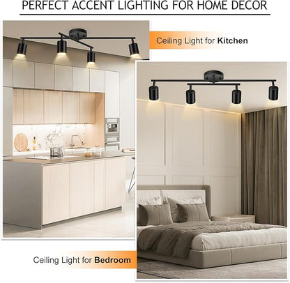 BoostArea 4 Light Track Lighting Kit, Black 4 Way Ceiling Spot Lighting, Center Swivel Track Light Heads, Flexibly Rotatable Light Head for Kitchen, Living Room, Bedroom, GU10 Bulb Not Included