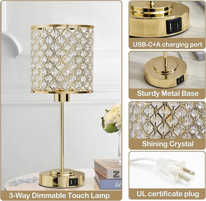 GyroVu Crystal Table Lamp for Bedroom, Touch Control Bedside Lamp with USB-C+A Ports, Dimmable Gold Bedside Lamp with Bulb, Nightstand Lamp Modern Light for Living Room