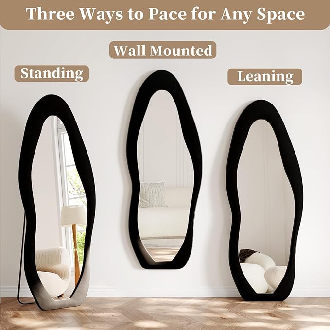 Full Length Mirror, 63"x24" Full Body Mirrors, Flannel Floor Mirrors with Stand, Irregular Wavy Mirror Hanging or Leaning Against Wall for Bedroom Living Room, Black