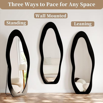 Full Length Mirror, 63"x24" Full Body Mirrors, Flannel Floor Mirrors with Stand, Irregular Wavy Mirror Hanging or Leaning Against Wall for Bedroom Living Room, Black