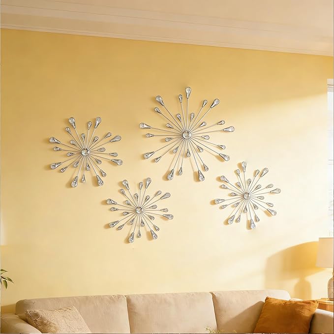 ZEXUIRU 4 Pcs Silver Starburst Wall Decor Metal Bling Wall Art Crystal Accents 3D Modern Decoration Glam Hanging Sculptures for Living Room Bedroom Office Teen Girl Room – Easy to Hang Home Decor Set