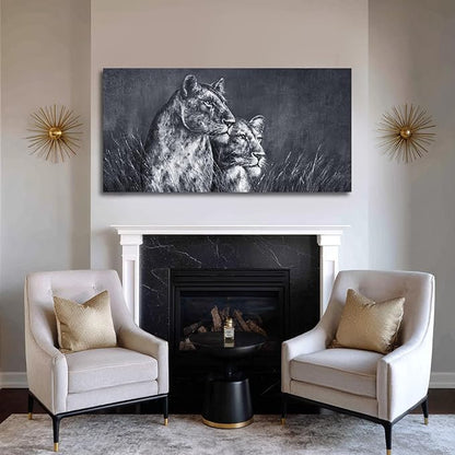 ZENPEE Large Lion Canvas Wall Art - 24"x48" Black and White Spray Print, Modern Animal Wall Decor for Bedroom, Living Room, Office - Ready to Hang