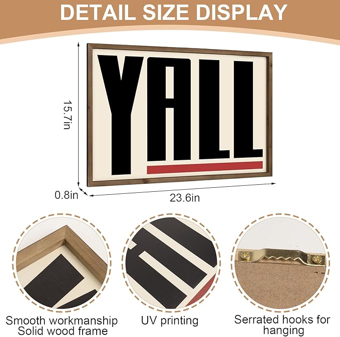 Western Wall Decor, 23.6x15.7 Inchs Wooden Yall Sign Cowboy Wall Art Framed, Southwestern Living Room Bedroom Bathroom Home Decorations