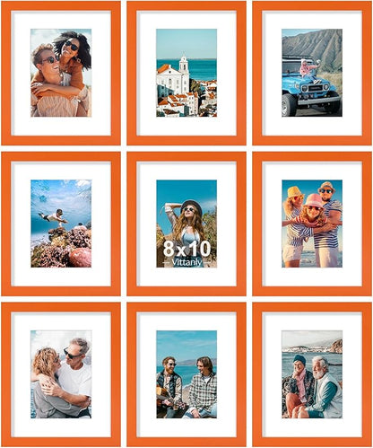 Vittanly 8x10 Picture Frames Set of 9, Shatter Resistant Plexiglass, Display 5x7 Pictures with Mat or 8x10 without Mat, Photo Frames for Wall or Tabletop, Engineered Wood, Orange