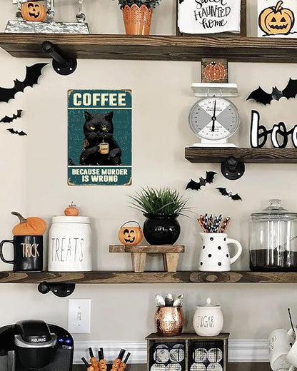 ALKB Black Cat Coffee Sign Vintage Kitchen Sign,Because Murder Is Wrong, Gift for Coffee Lover 8x12 Inch