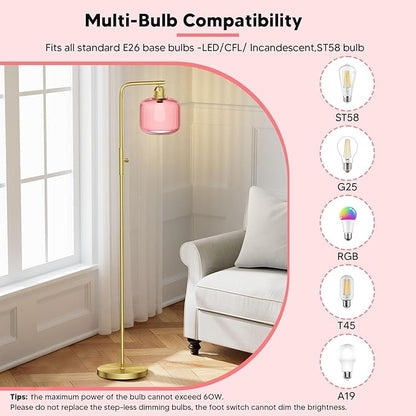 Glass Floor Lamp for Living Room, Modern Standing Lamp with Pink Ribbed Glass Lampshade&Brushed Gold, Stepless Dimmable and Rotary Switch, 66” Tall Lamp & Gold Floor Lamp for Bedroom Study Room, Pink