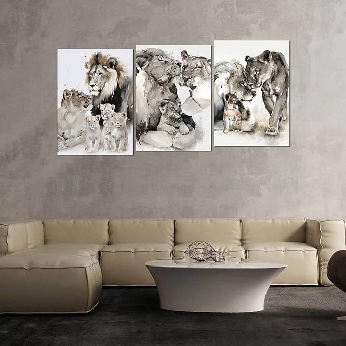 Lion Canvas Wall Art Decor 3 Pieces Wild Animal Portrait Painting Prints on Canvas Watercolor Style Lion Pictures Decor Artwork Living Room Bedroom Office Decor, Framed 20" x 28" x 3pcs