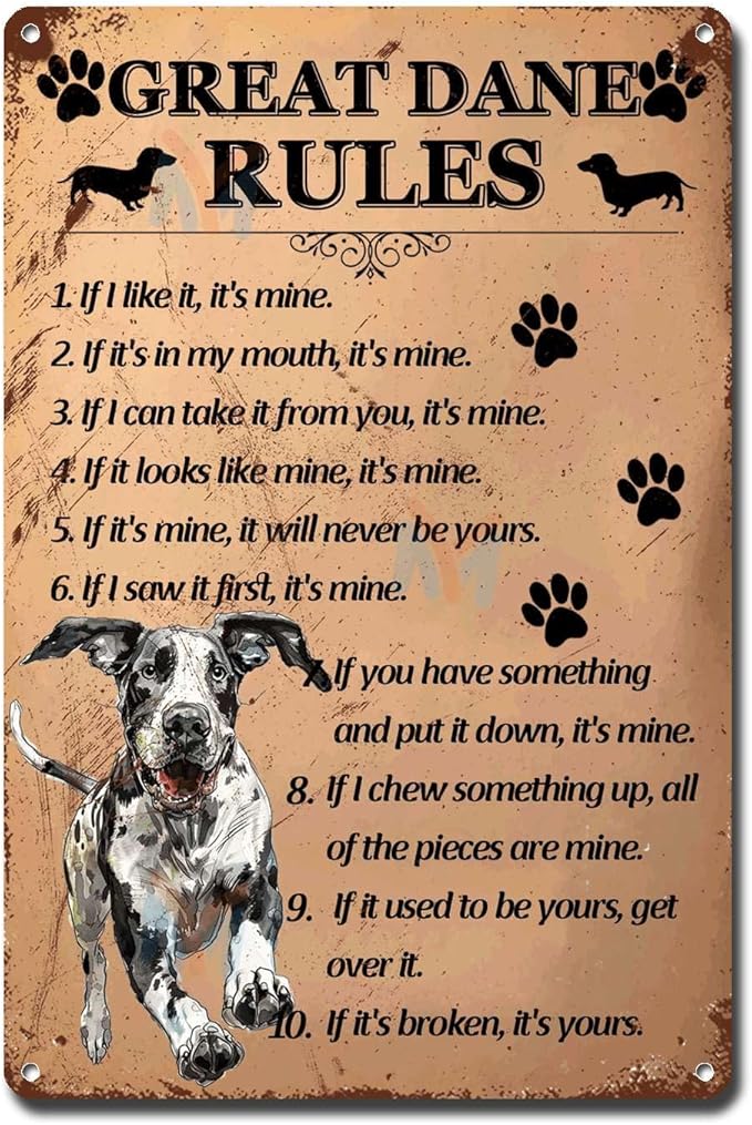 Metal Sign Tin Sign Vintage Wall Art Great Dane Rules Restroom Tin Sign for Pub 8×12 Inches