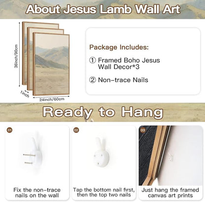 CHDITB Jesus Leaves The 99 Parable of The Lost Sheep Framed Canvas Wall Art(24"x36"), 3 Panels Boho Mountain Nature Landscape Artwork Prints, Large Religious Christian Bible Story Faith LDS Gift Decor for Home Office Bedroom