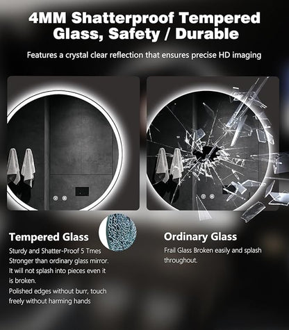 40 Inch LED Bathroom Mirror: Round Vanity Mirror with Lights, Dimmable & 3 Color Change, Backlit&Front Lit,4MM Tempered Glass, Shatterproof, Anti-Fog Bathroom Shower Mirror, espejos para baños con luz