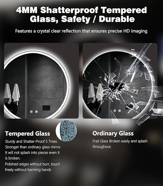 24 Inch LED Bathroom Mirror: Round Vanity Mirror with Lights, Dimmable & 3 Color Change, Backlit&Front Lit,4MM Tempered Glass, Shatterproof, Anti-Fog Bathroom Shower Mirror, espejos para baños con luz