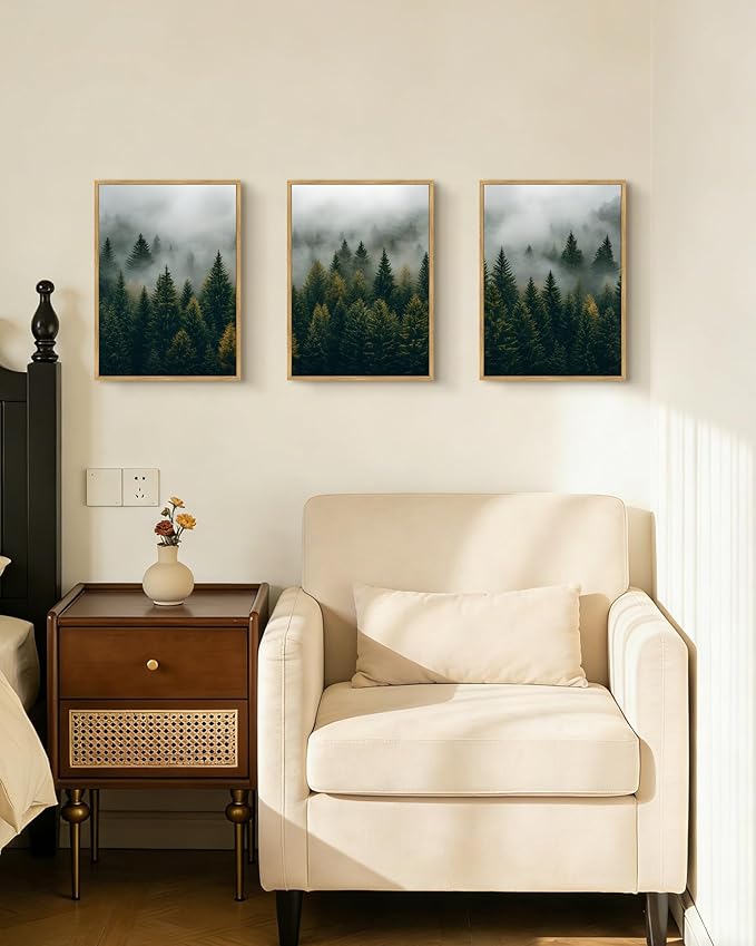 Drsoum Fog Pine Tree Landscape Wall Art Framed Nature Misty Nordic Forests Prints Morden Farmhouse Rustic Artwork Hallway Bathroom Ready to Hang 11x14in Natural Framed