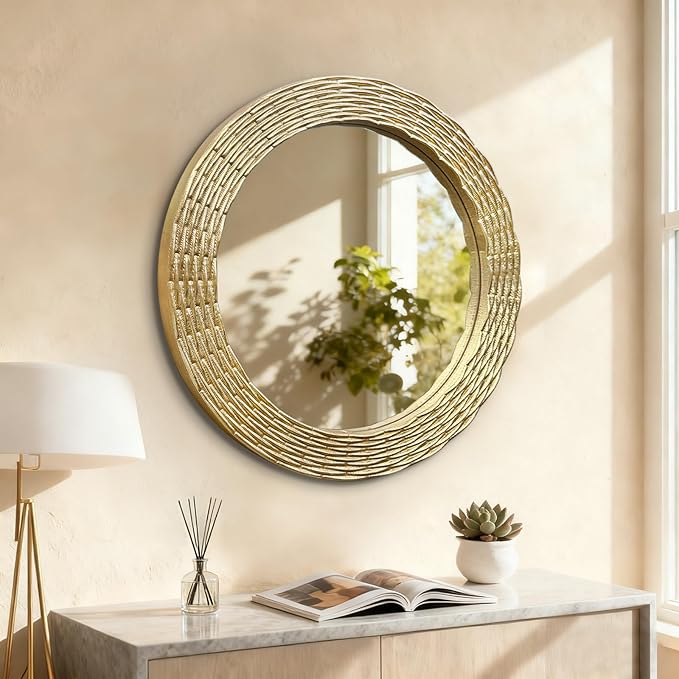 WAMIRRO Gold Round Wood Wall Mount Mirror, 24 Inch Hand Carved Solid Wood Frame Circle Mirror, Farmhouse Boho Decor for Living Room, Bathroom, Bedroom, Hallway & Entryway