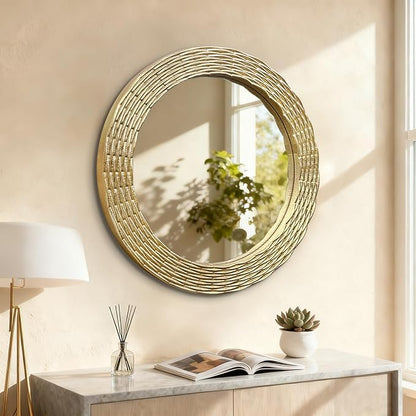 WAMIRRO Gold Round Wood Wall Mount Mirror, 24 Inch Hand Carved Solid Wood Frame Circle Mirror, Farmhouse Boho Decor for Living Room, Bathroom, Bedroom, Hallway & Entryway