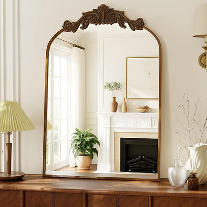 VooBang Vintage Arched Bathroom Mirror, 26x38 Inch Retro Wall Mounted Vanity Mirror with Carved Pattern Top and Metal Frame, Antique Decorative Mirror for Hanging or Leaning