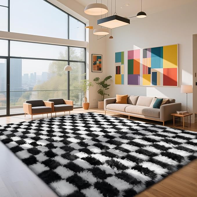 Checkered Rug for Living Room, 9x12 Black and White Area Rugs, Classic Checkered Carpets Shag Area Rug, Bedside Rugs for Living Room Bedroom Kids Room Home Decor