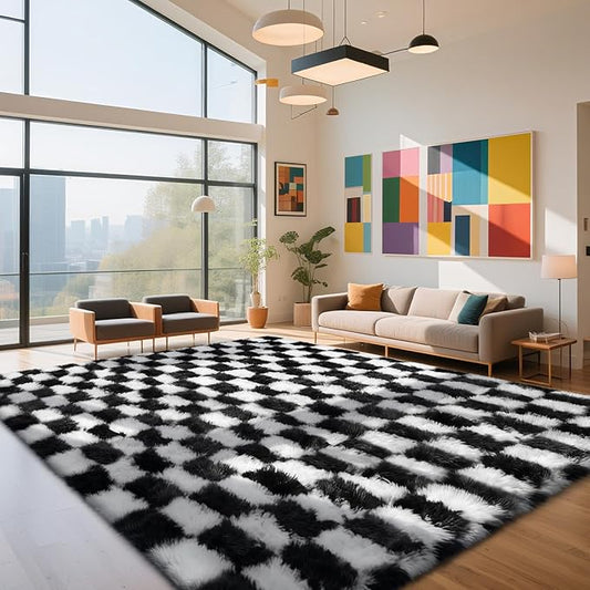 Checkered Rug for Living Room, 9x12 Black and White Area Rugs, Classic Checkered Carpets Shag Area Rug, Bedside Rugs for Living Room Bedroom Kids Room Home Decor