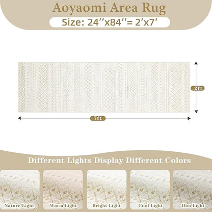 Runner Rug 2x7 Boho Geometric Area Rugs: Washable Kitchen Rug, Soft Non Slip Moroccan Long Hallway Rugs for Bedroom Bathroom Laundry Entryway Staircase Foyer(Beige,2X7)