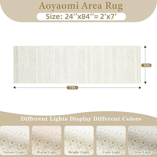 Runner Rug 2x7 Boho Geometric Area Rugs: Washable Kitchen Rug, Soft Non Slip Moroccan Long Hallway Rugs for Bedroom Bathroom Laundry Entryway Staircase Foyer(Beige,2X7)