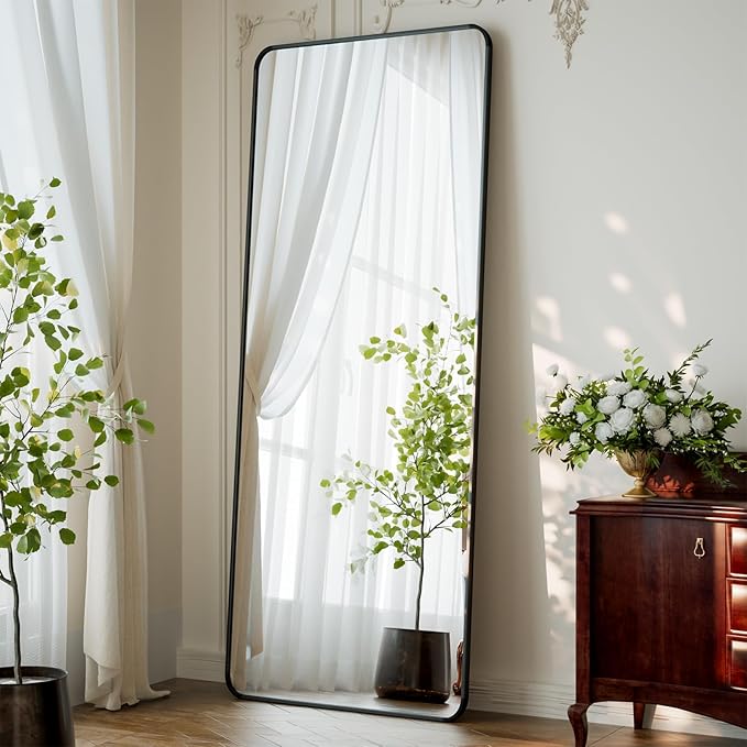XRAMFY 65"x24" Floor Full Length Mirror Standing Full Body Rounded Corner Rectangle Mirrors with Stand Hanging Wall Mounted Leaning Bedroom Living Room Bedroom Cloakroom,Black