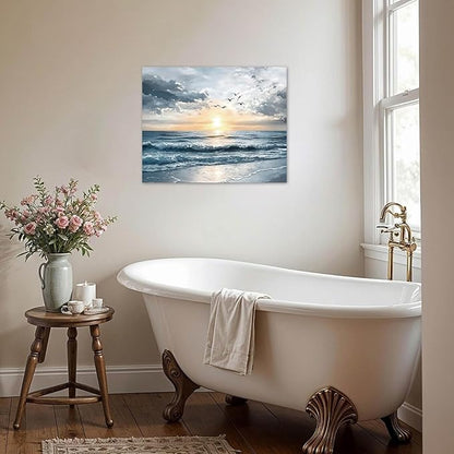 LB Ocean Sunset Coastal Wall Art Seagull Beach Landscape Canvas Wall Art Nature Seascape Pictures Wall Decor for Bedroom Bathroom Living Room Framed Artwork Ready to Hang 12L x 12W