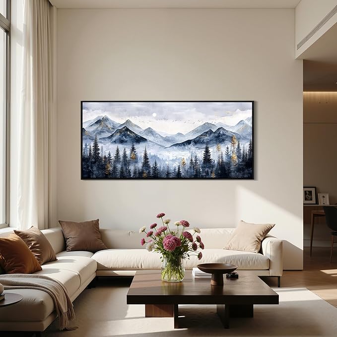 SERIMINO Extra Large Framed Mountain Forest Wall Art, 32"x71", Misty Pine Tree Watercolor in Blue Gold, Nature Scenery Canvas Wall Decor for Living Room, Bedroom, Office Decor