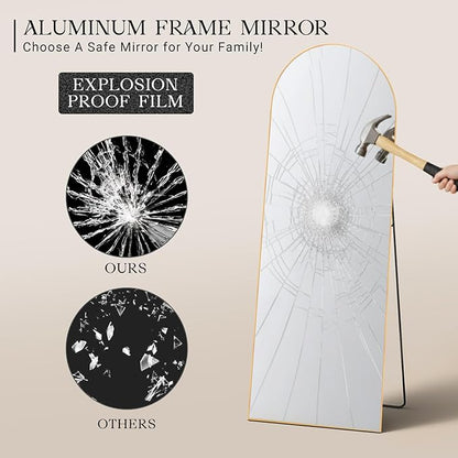 MISSDAY 64"x21" Arched Full Length Mirror, Full Body Mirror with Stand, Floor Mirror Long Free Standing, Leaning or Hanging, Aluminum Thin Frame Wall-Mounted Mirrors Wall Mirrors for Bedroom, Gold