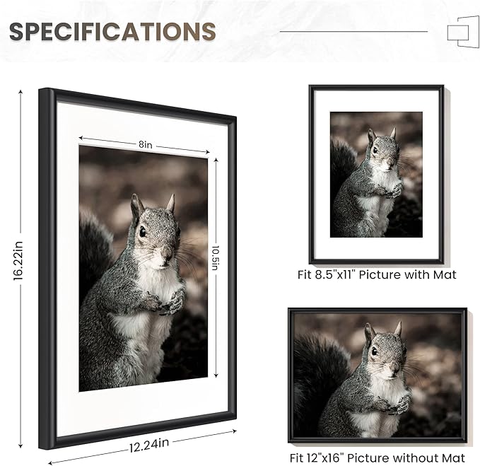 Fun Memories 12x16 Picture Frame Black, Aluminum Picture Frames 12"x16", 12x16 Picture Frame with Mat for 8.5x11, 12 by 16 Frame Real Glass, 12 x 16 Metal Frame for Home Decor