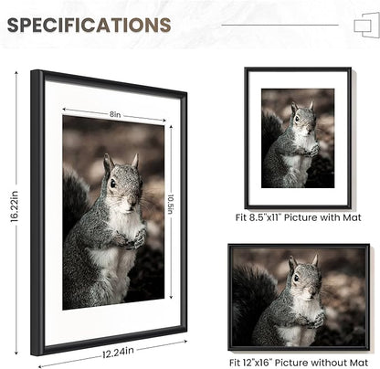 Fun Memories 12x16 Picture Frame Black, Aluminum Picture Frames 12"x16", 12x16 Picture Frame with Mat for 8.5x11, 12 by 16 Frame Real Glass, 12 x 16 Metal Frame for Home Decor
