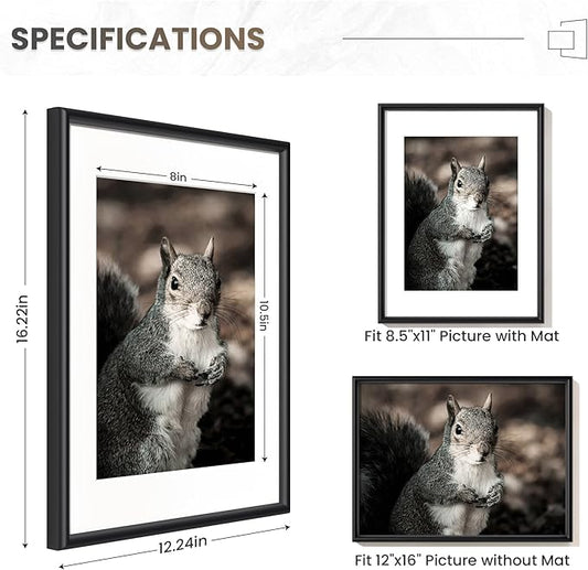 Fun Memories 12x16 Picture Frame Black, Aluminum Picture Frames 12"x16" Set of 3, 12x16 Picture Frame with Mat for 8.5x11, 12 by 16 Frame Real Glass, 12 x 16 Metal Frame for Home Decor