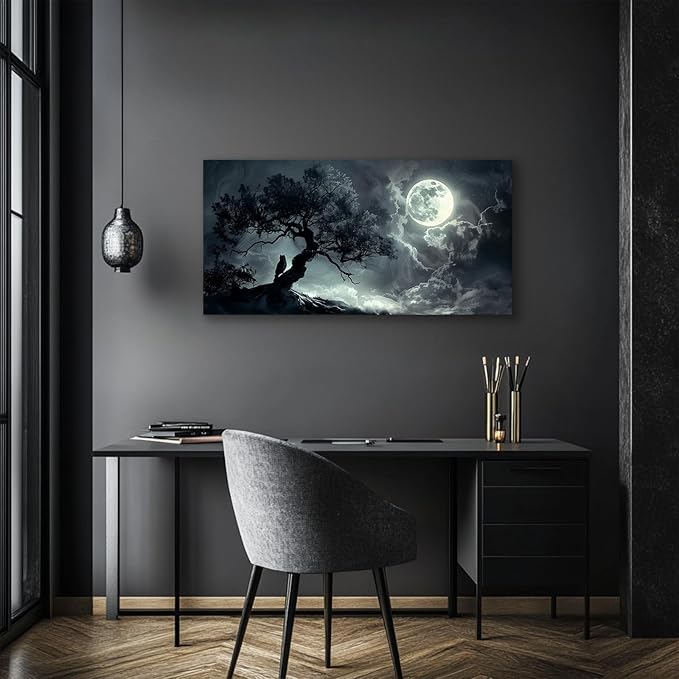 SERIMINO Large Wall Art for Living Room, Dark Landscape Canvas Prints Paintings, Moonlit Night Pictures Wall Decor Aesthetic, Moon and Tree Modern Home Decor Bedroom Bathroom Office Artwork 24"X48"
