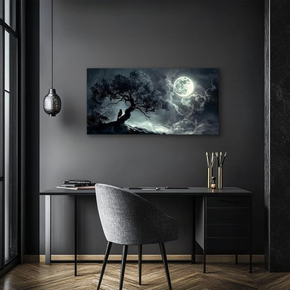 SERIMINO Large Wall Art for Living Room, Dark Landscape Canvas Prints Paintings, Moonlit Night Pictures Wall Decor Aesthetic, Moon and Tree Modern Home Decor Bedroom Bathroom Office Artwork 24"X48"