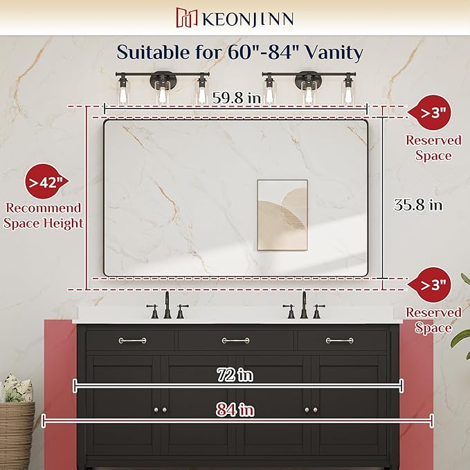Keonjinn Black Bathroom Mirrors for Over Sink, 60 x 36 Inch Large Matte Black Mirror for Vanity, Rounded Rectangle Sandblasted Finish Farmhouse Mirror, HD Tempered Glass Modern Decorative Mirror