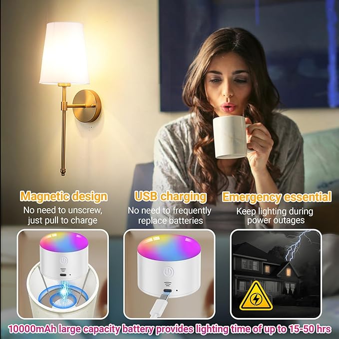 YHCDLAMP Battery Operated Wall Sconces Set of 2, Rechargeable Wireless Wall Lights with 10000mAh Magnetic Bulbs, Up to 50 Hours Runtime, Remote & RGB Dimmable, Brass for Bedroom Living Room Hallway