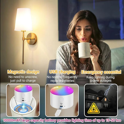 YHCDLAMP Battery Operated Wall Sconces Set of 2, Rechargeable Wireless Wall Lights with 10000mAh Magnetic Bulbs, Up to 50 Hours Runtime, Remote & RGB Dimmable, Brass for Bedroom Living Room Hallway