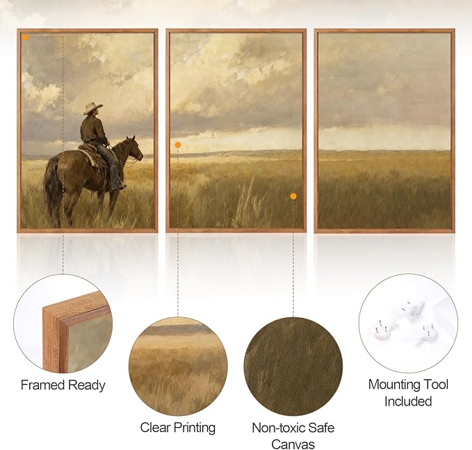 Aurlan Western Cowboy Framed Wall Art(16"x24"), 3PCS Vintage Neutral Southwestern Horse Riding Canvas Artwork, Mid Century Modern Ranch Gobi Desert Landscape Decor for Man Cave Bedroom