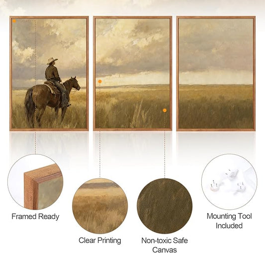 Aurlan Western Cowboy Framed Wall Art(16"x24"), 3PCS Vintage Neutral Southwestern Horse Riding Canvas Artwork, Mid Century Modern Ranch Gobi Desert Landscape Decor for Man Cave Bedroom