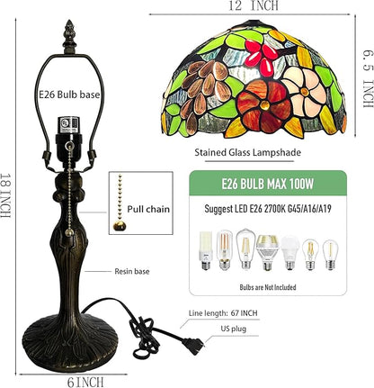Tiffany Lamp Stained Glass Table Lamp 12 x 19” Grape Style Decorative Lamp Bedside Reading Light for Desk Living Room Bedroom Office Study Light Home Decor Gift