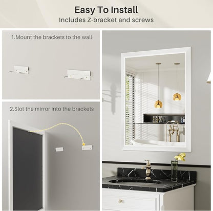 24x30 Inch White Bathroom Mirror for Wall, Thick Metal Framed Rectangle Mirrors for Over Sink, Bedroom, Living Room, Entryway, Anti-Rust, HD Tempered Glass