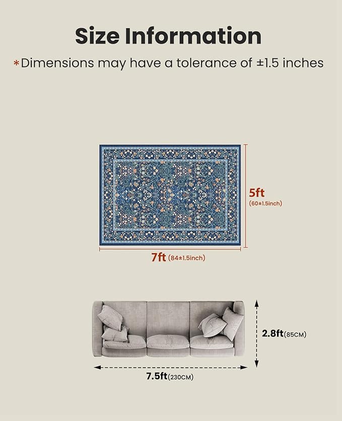AMADA HOMEFURNISHING 5x7 Area Rug, Washable Living Room Rug with Non-Slip Backing, Low Pile and Durable Edge Binding, Vintage Soft Floral Rugs for Living Room, Bedroom, Dining Room
