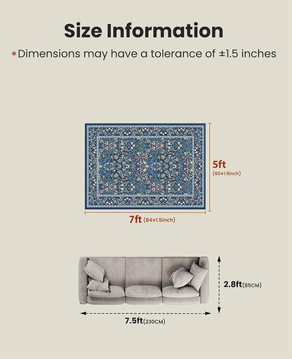 AMADA HOMEFURNISHING 5x7 Area Rug, Washable Living Room Rug with Non-Slip Backing, Low Pile and Durable Edge Binding, Vintage Soft Floral Rugs for Living Room, Bedroom, Dining Room